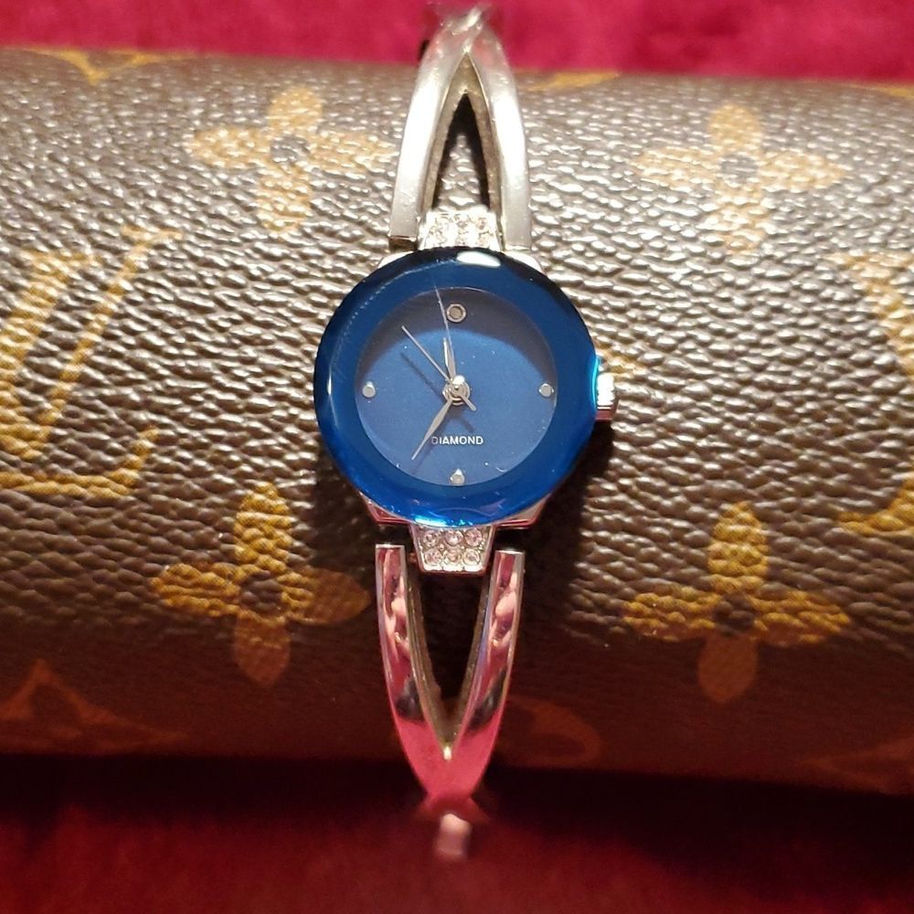 Silvertone & Cobalt Blue Diamond Face Silvertone Band Ladies Watch